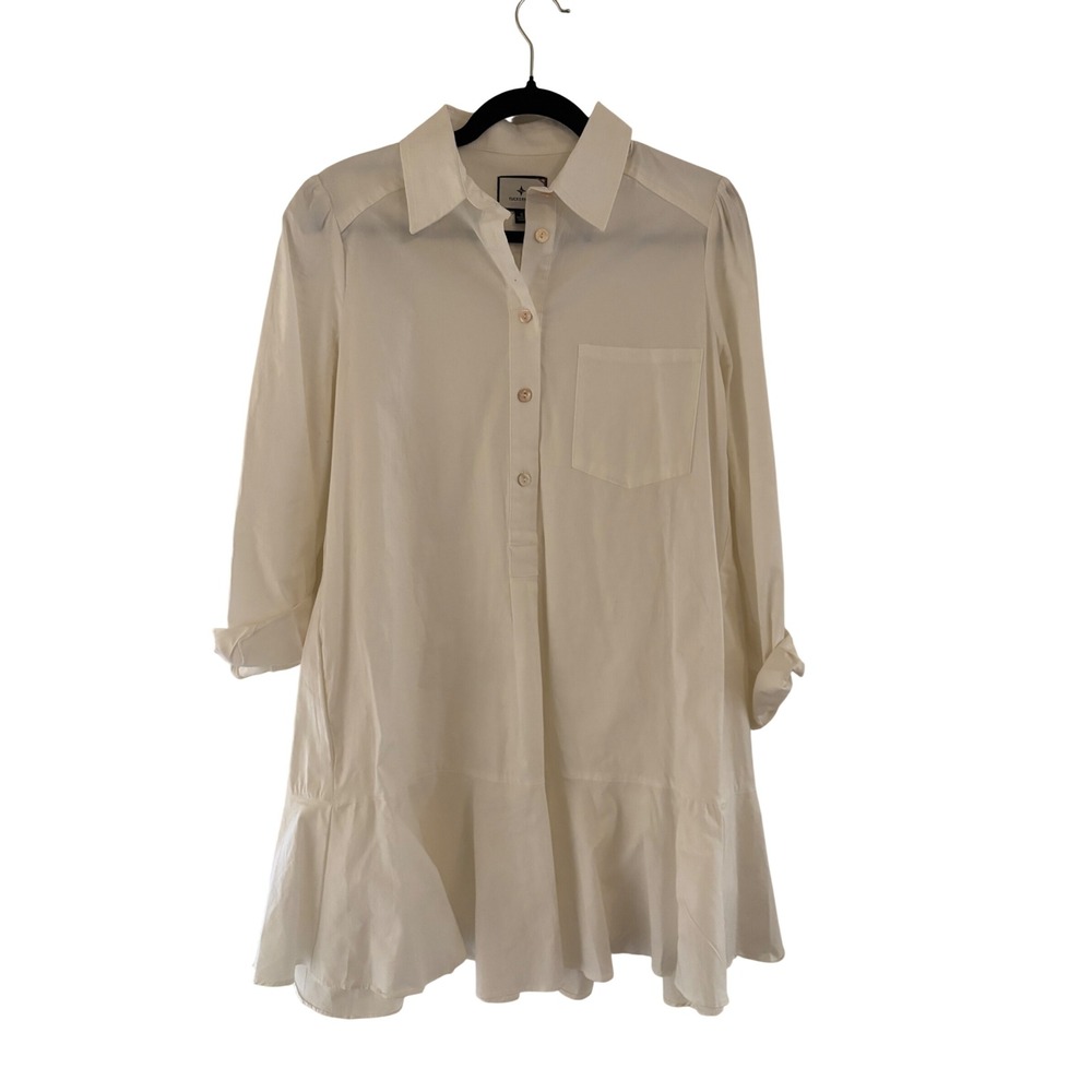 Tuckernuck White Royal Shirt Dress Ruffle Hem Mini Long Sleeve Y22070T Small